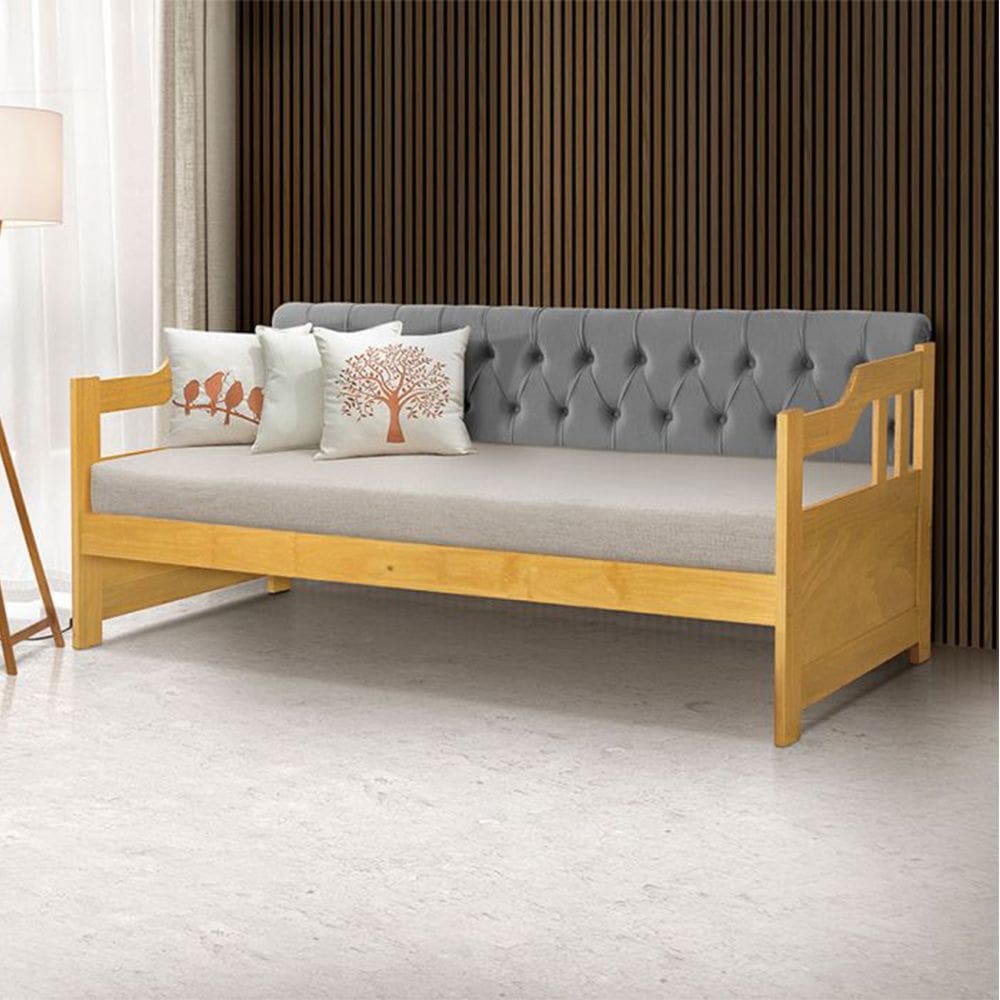 Sofá Cama Dublin Mona Estofado Capitonê Veludo Cinza Madeira com 1 Colchão - Imbuia