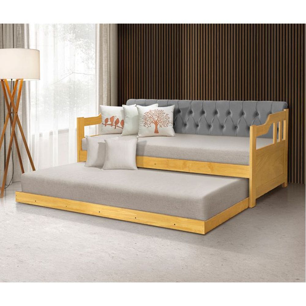 Sofá Cama Dublin Estofado Capitonê Veludo Cinza Madeira com Cama Auxiliar - Imbuia