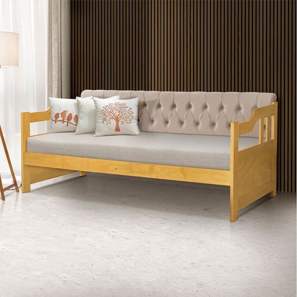Sofá Cama Dublin Mona Estofado Capitonê Veludo Bege Madeira com 1 Colchão - Imbuia