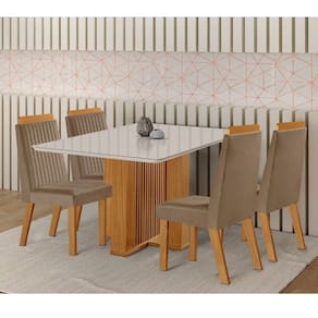 Conjunto Sala de Jantar Mesa Lisboa com Tampo de Vidro 120cm e 4 Cadeiras em MDF Riviera LJ Móveis
