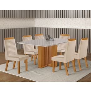 Conjunto Sala de Jantar Mesa Lisboa com Tampo de Vidro 180cm e 6 Cadeiras em MDF Riviera LJ Móveis