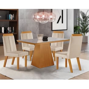Conjunto Sala de Jantar Mesa Prada com Tampo de Vidro 120cm e 4 Cadeiras em MDF Florença LJ Móveis