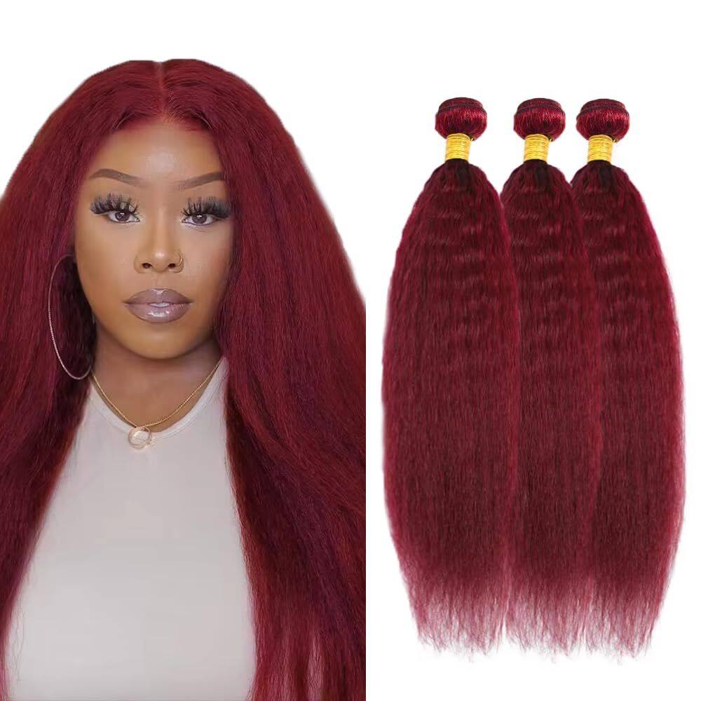 Pacotes de cabelo LadrxADR Burgundy Kinky Straight 99J 45cm 3x 10