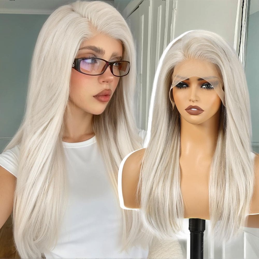 Peruca KOME Platinum Blonde de renda sintética frontal 56cm