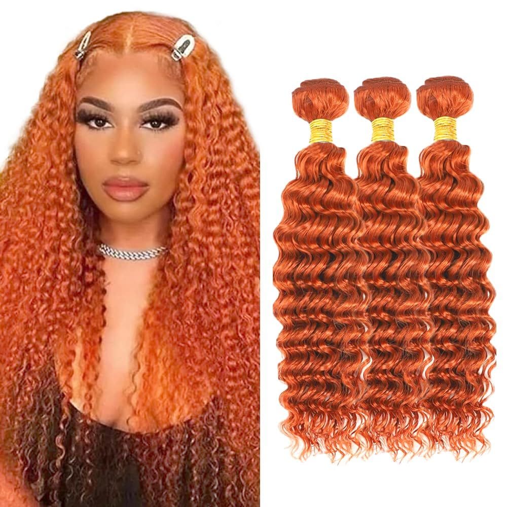 Pacotes de cabelo Ladrxadr Ginger Deep Wave 60 cm Laranja 350 ml