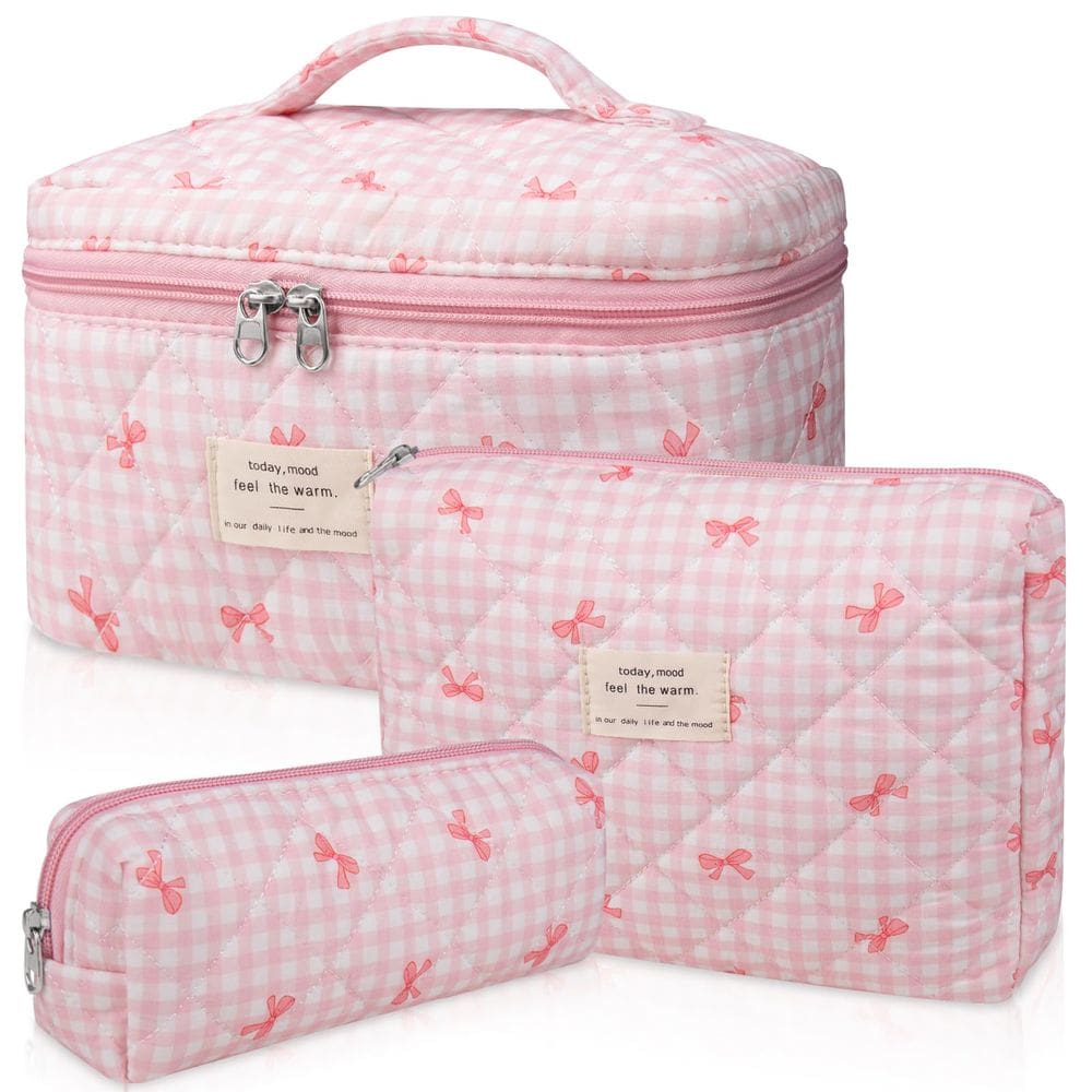 Conjunto de bolsas de maquiagem Gosect, bolsa de cosméticos florais acolchoada, 3 peças, rosa