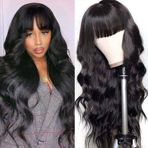 Peruca Glowig Body Wave com franja, 100% cabelo humano, 22"
