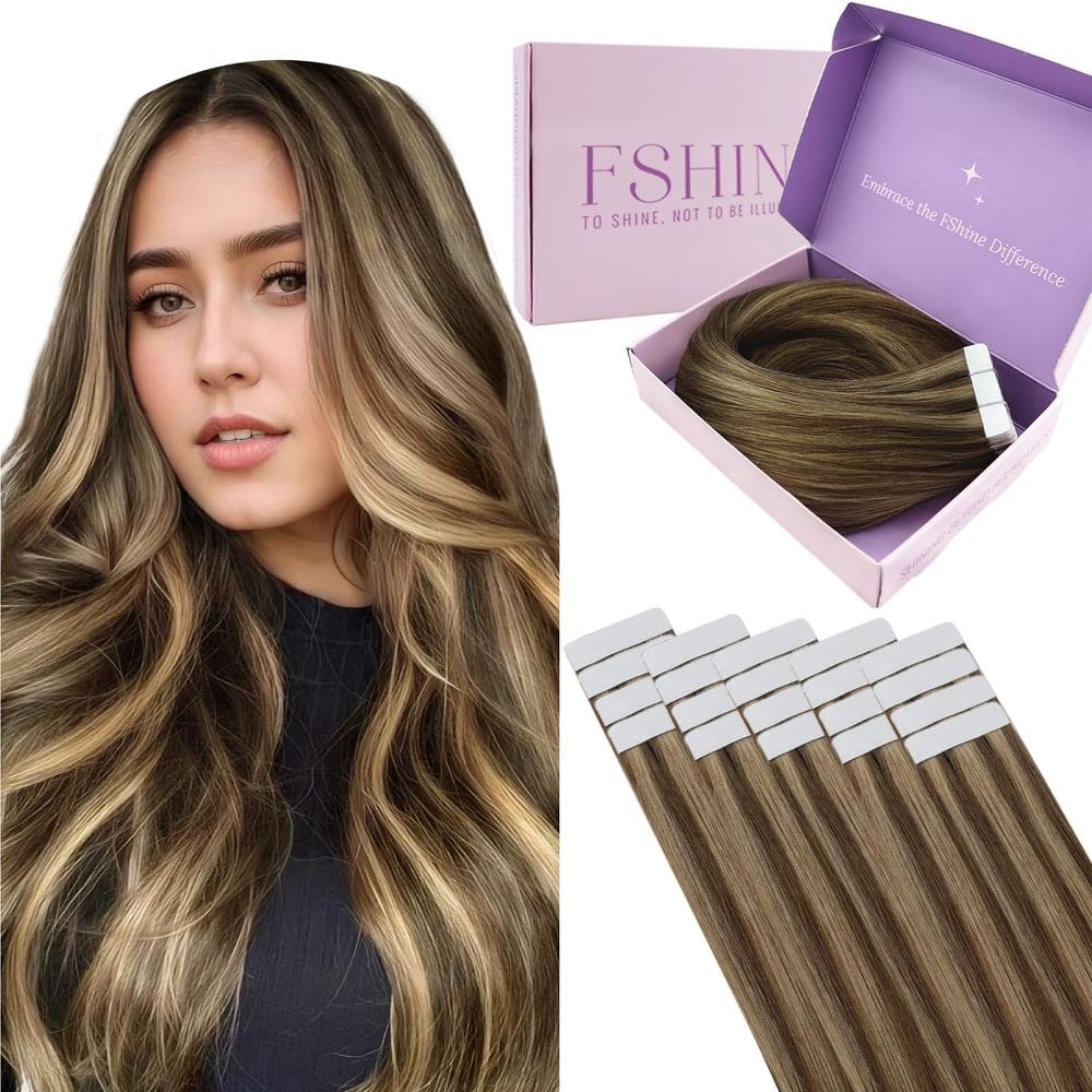 Fita adesiva em extensões de cabelo Fshine Remy 40cm Marrom Médio 50g