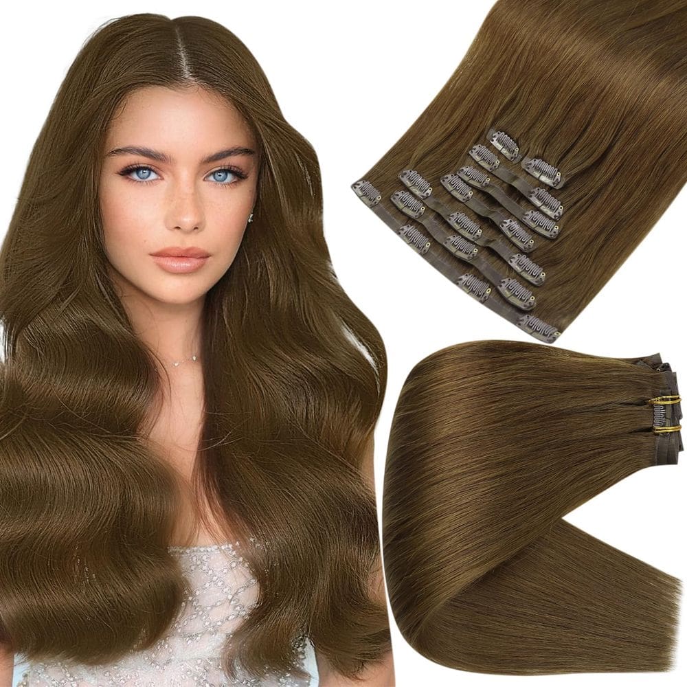 Extensões de cabelo Clip in Full Shine, cabelo humano castanho, 30 cm
