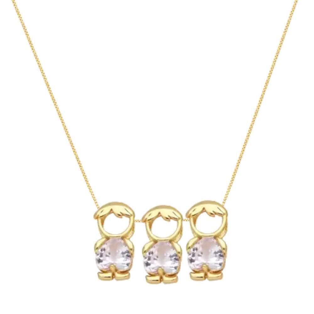 Colar Filhos Três Meninos Cristal Banhado Em Ouro 18k