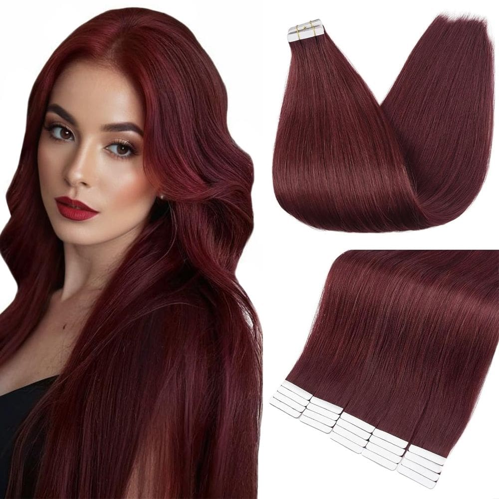 Extensões de cabelo Full Shine Tape 22 cm, 99 J, vinho tinto, 20 unidades, 50 g