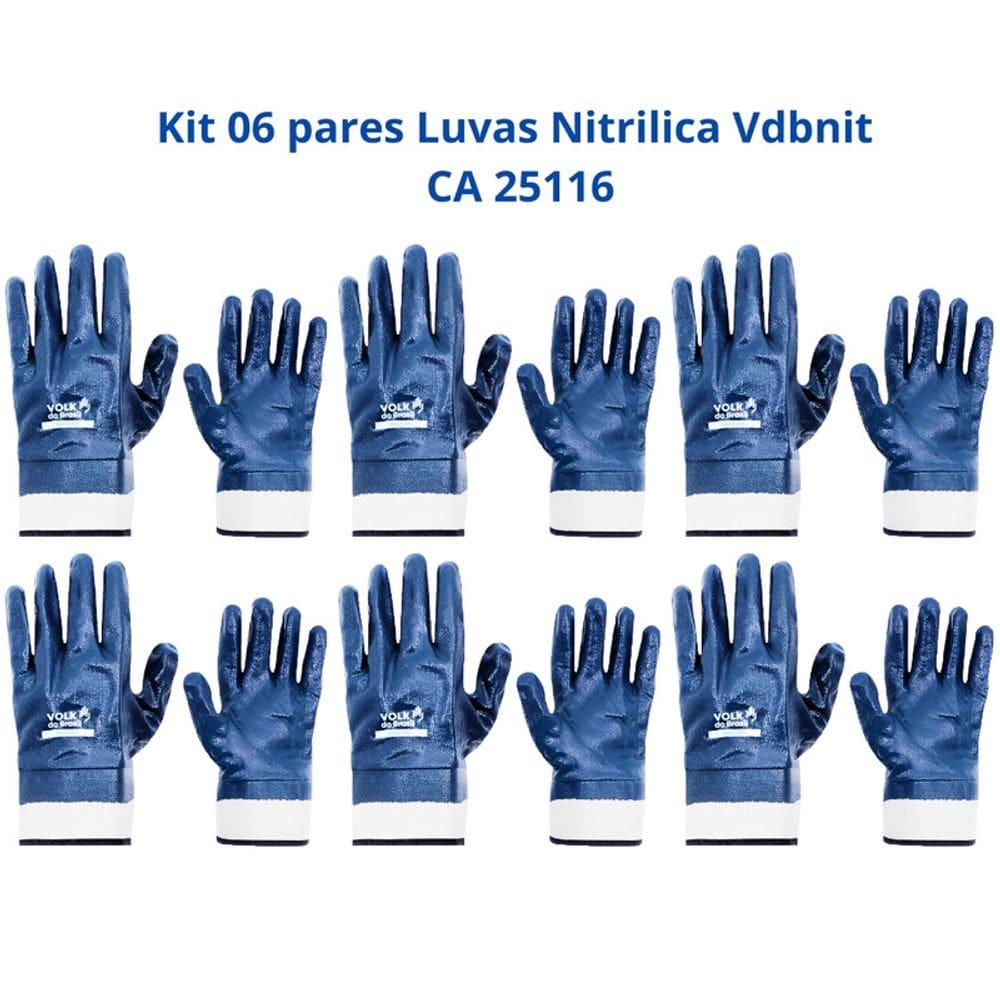 Kit 6 Luvas Proteção Nitrílica Punho Lona Produtos Químicos VDBNIT Volk CA 25116