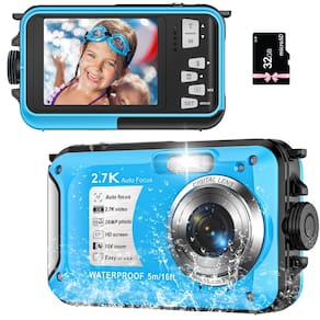 Câmera subaquática Yifecial 2.7K 56MP Impermeável 32GB Cartão Azul