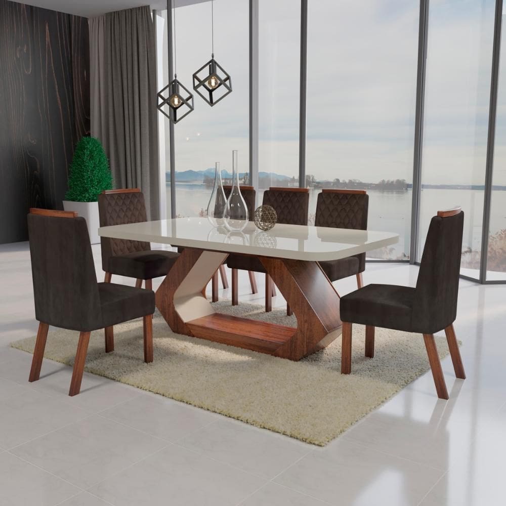 Sala de Jantar 160x80 Lottus MDF/Vidro 6 Cadeiras Bom Pastor