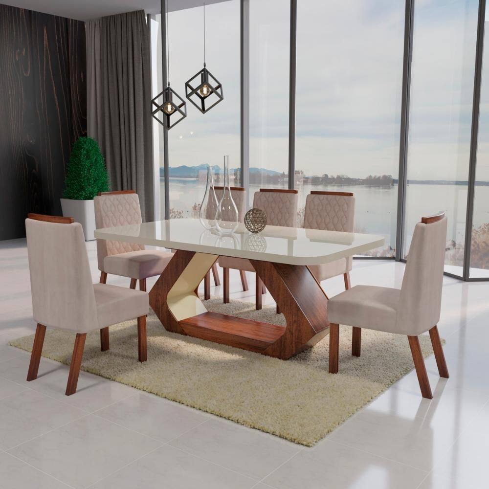 Sala de Jantar 160x80 Lottus MDF/Vidro 6 Cadeiras Bom Pastor