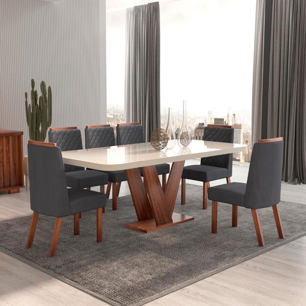 Sala de Jantar 160x80 Aurora MDF/Vidro 6 Cadeiras Bom Pastor