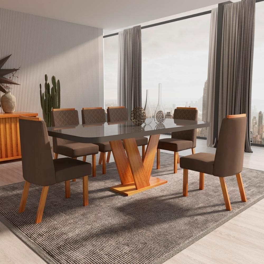Sala de Jantar 160x80 Aurora MDF/Vidro Grafite 6 Cadeiras Bom Pastor