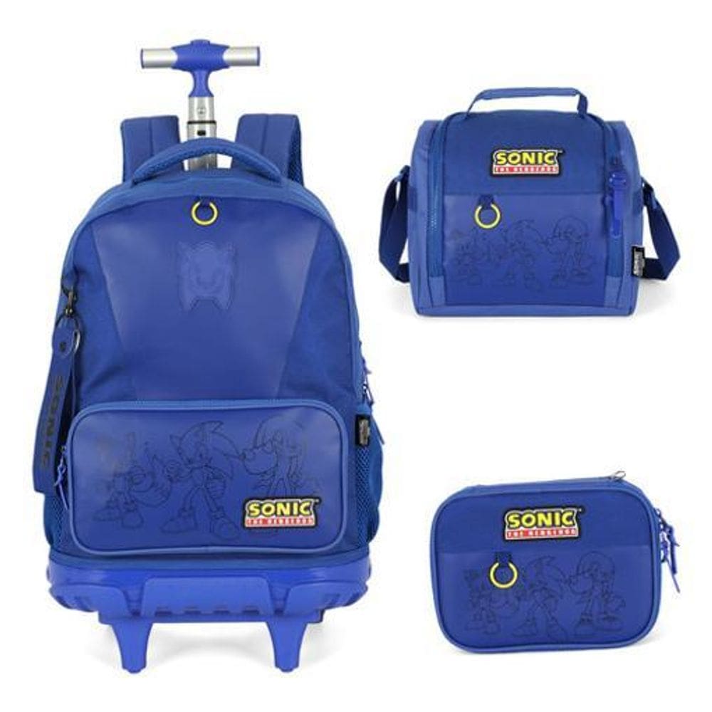 Kit Mochila Rodinhas Lancheira Estojo Sonic