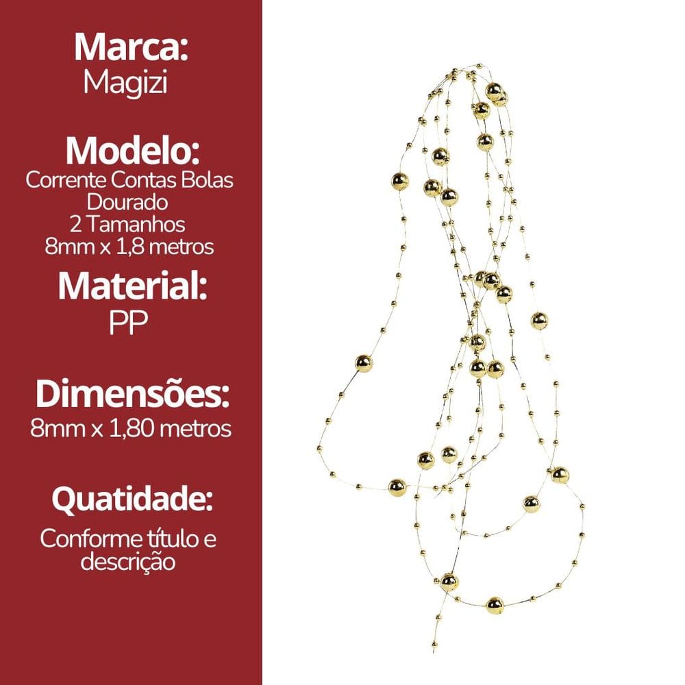 Corrente Contas Natal 8mm e 4mm Dourado 1,8 metros - Magizi