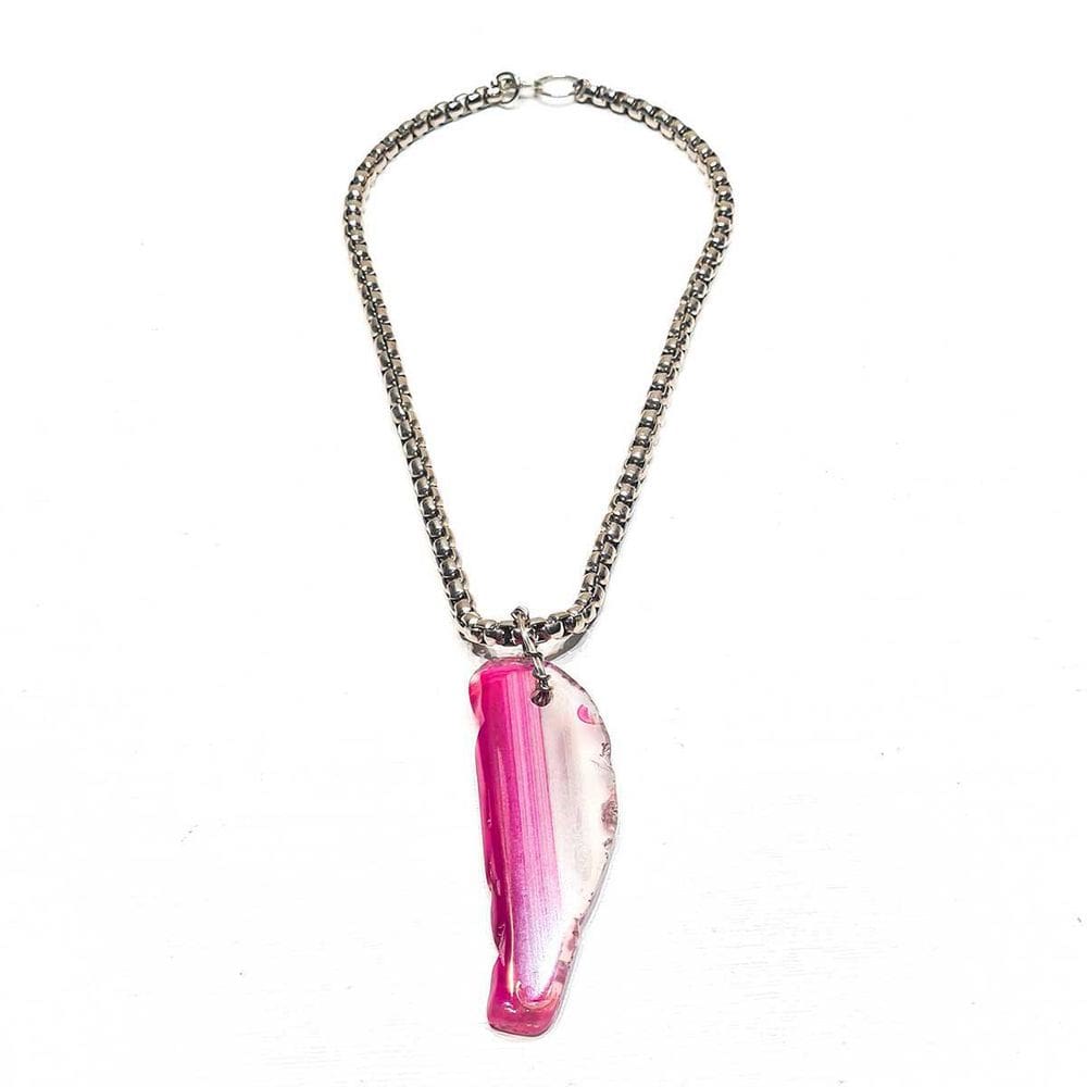 Colar De Ágata Rosa Com Corrente Prateada Heart