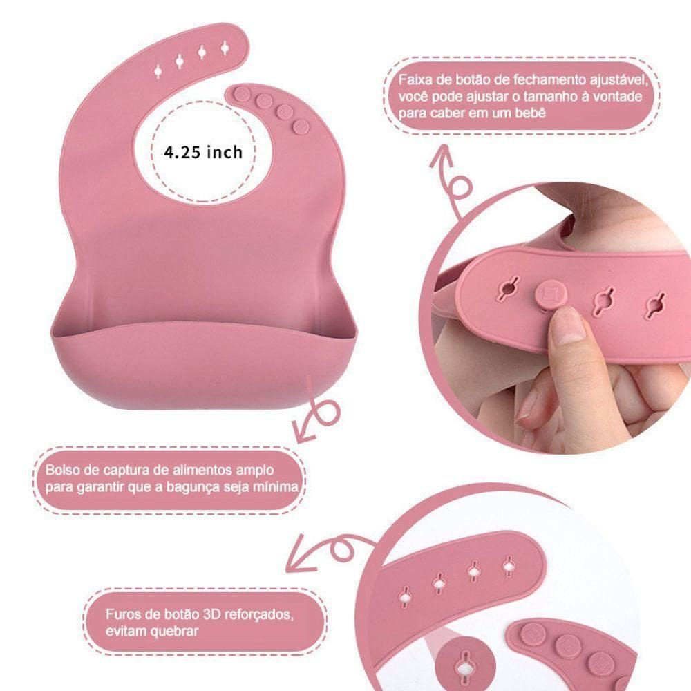 Talheres Bebê Silicone 6 Peças Kit Talheres Infantil Com Ventosa Canudo Colher Babador Garfo Rosa