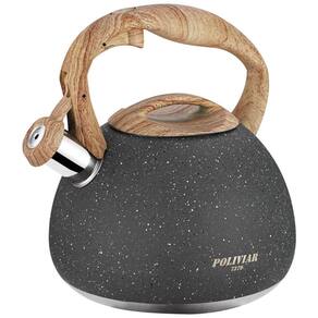 Poliviar Tea Kettle, 2.7 Quart Natural Stone Finish with Wood Pattern Handle Loud Whistle Food Grade Stainless Steel Teapot, Anti Hot