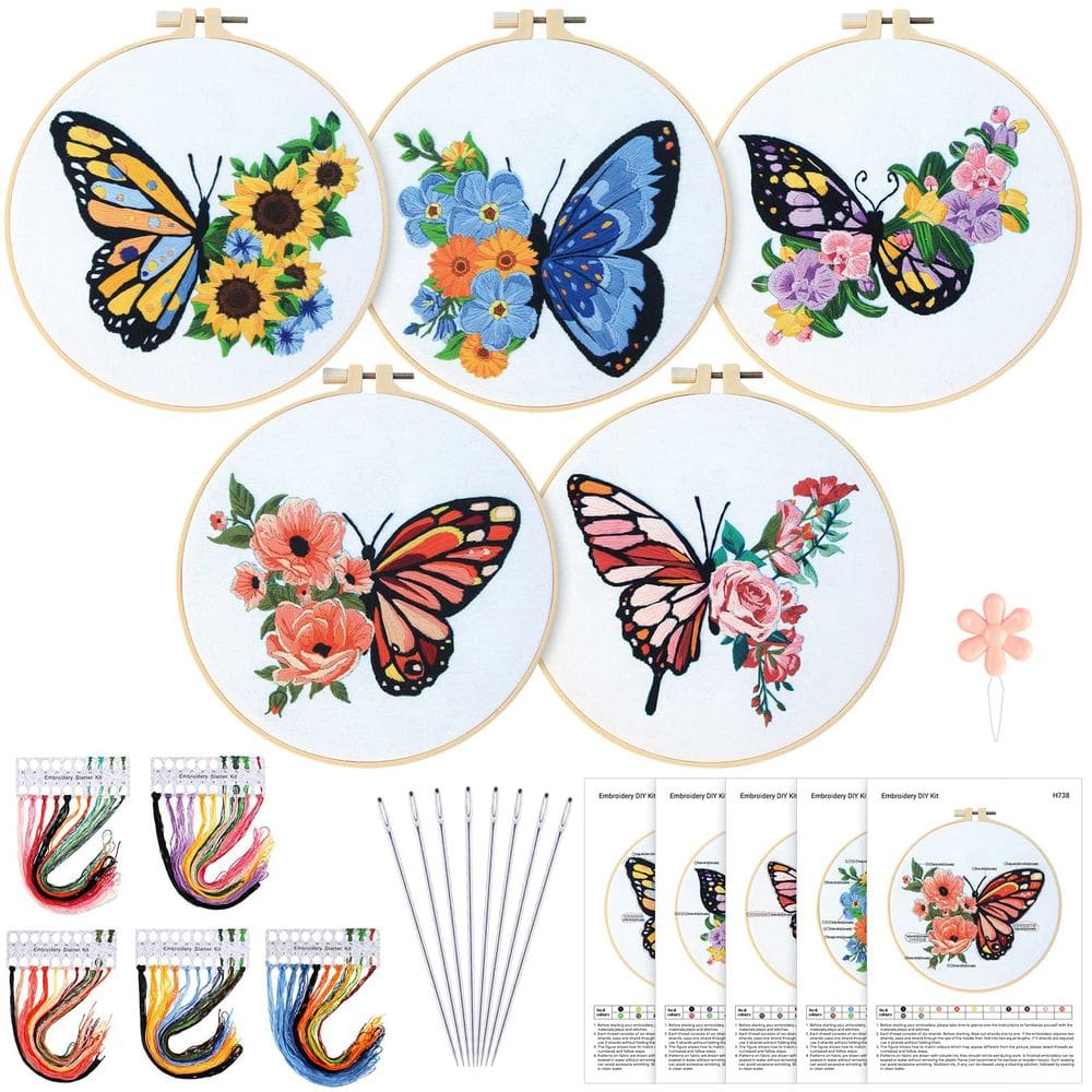 Kit de bordado para iniciantes Yinder Butterfly Flower, 5 conjuntos