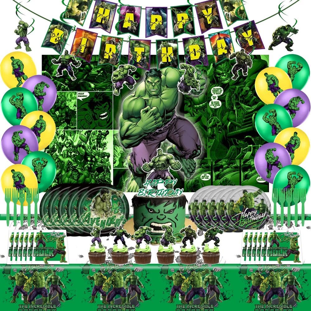 Suprimentos para festas, pacotes de aniversário do Hulk com banner, balão e muito mais