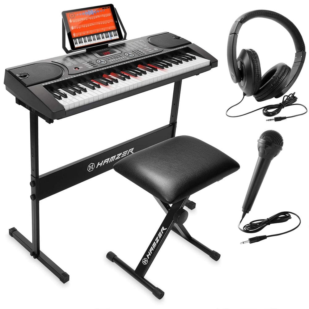 Piano de teclado Hamzer 61 teclas com teclas iluminadas, suporte e banco