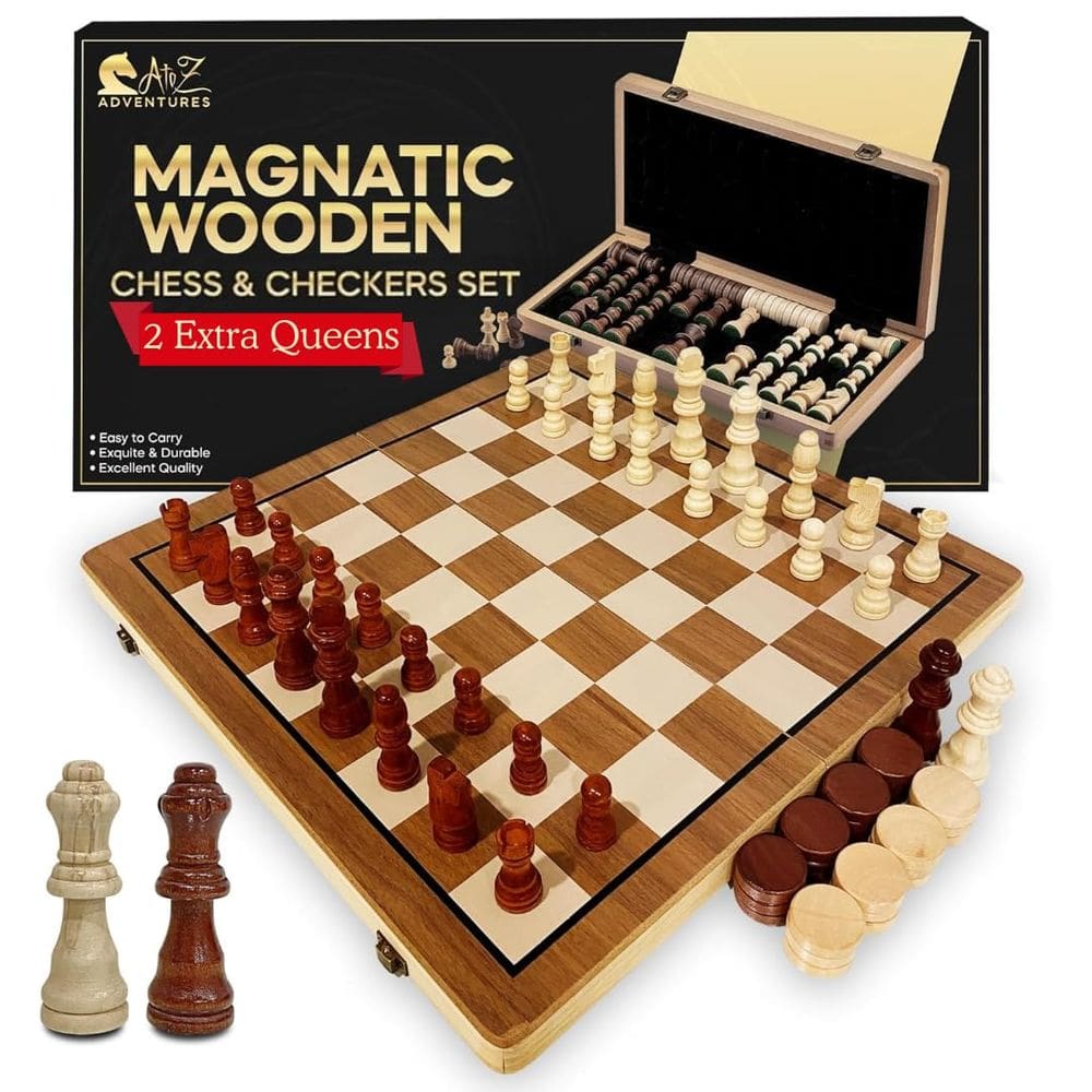 Conjunto de jogos de xadrez e damas dobrável de madeira 2 em 1 15cm