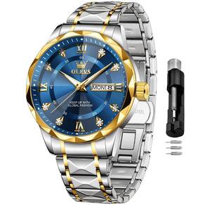 Relógio OLEVS masculino em aço inoxidável azul impermeável com diamante