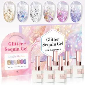 Conjunto de esmaltes Glitter Gel Double Rhythm 15 mL x 6 com placa de exibição