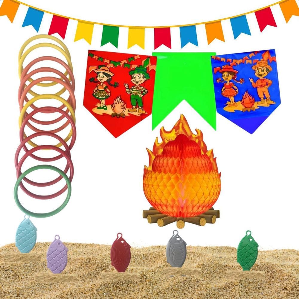 Kit Festa Junina Bandeirinha 20M Fogueira Pescaria Argola