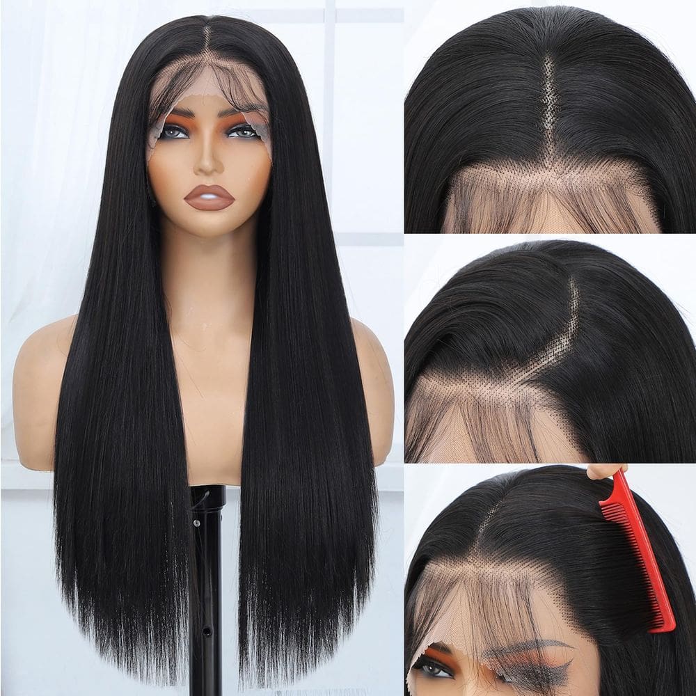 Peruca frontal de renda sintética Veally 13x4 HD Straight 26" preta