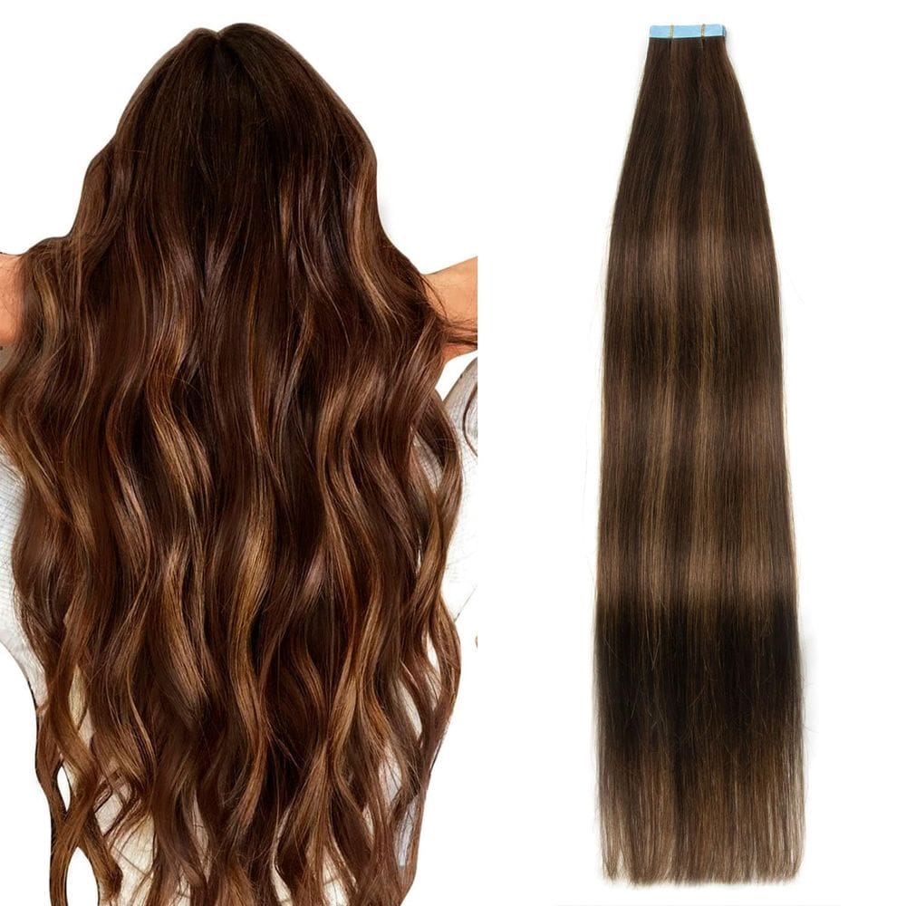 Extensões de cabelo AGMITY Tape em marrom escuro com marrom castanho Balayage 50g 60cm