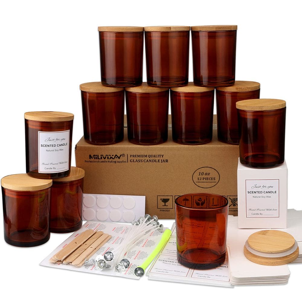 Frascos de vela MILIVIXAY Amber Glass 300 mL com tampas 12 unidades + Kit