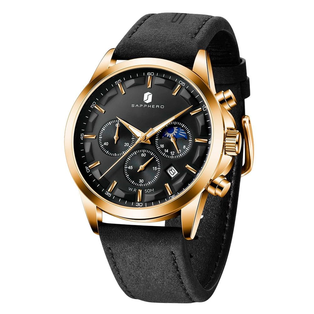 Relógio BY BENYAR Chronograph impermeável para homens em couro preto