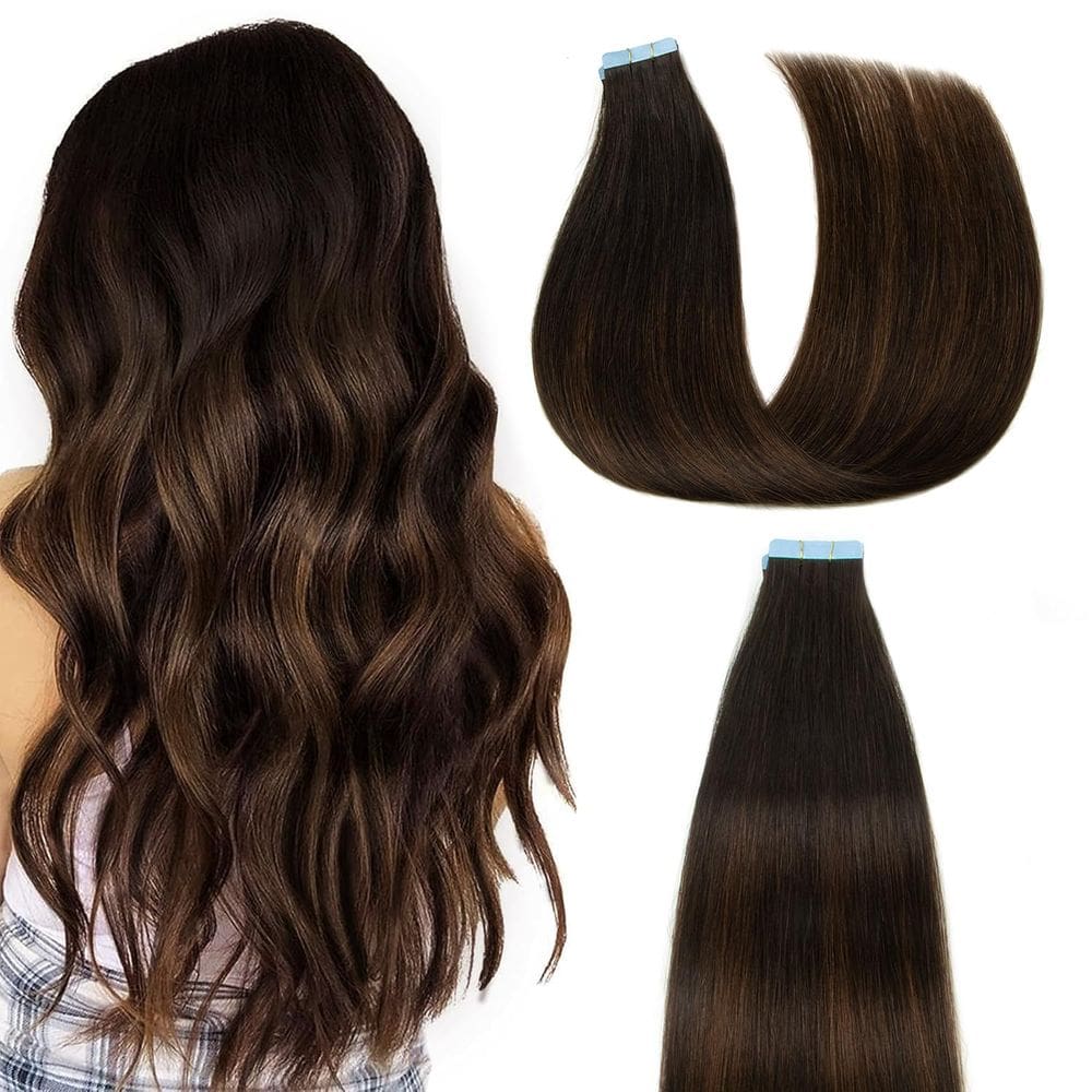 Extensões de cabelo AGMITY Tape em Balayage, preto natural a marrom chocolate, 22 polegadas e 50 g