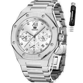 Relógio OLEVS Silver Chronograph Luxury Dress para homens