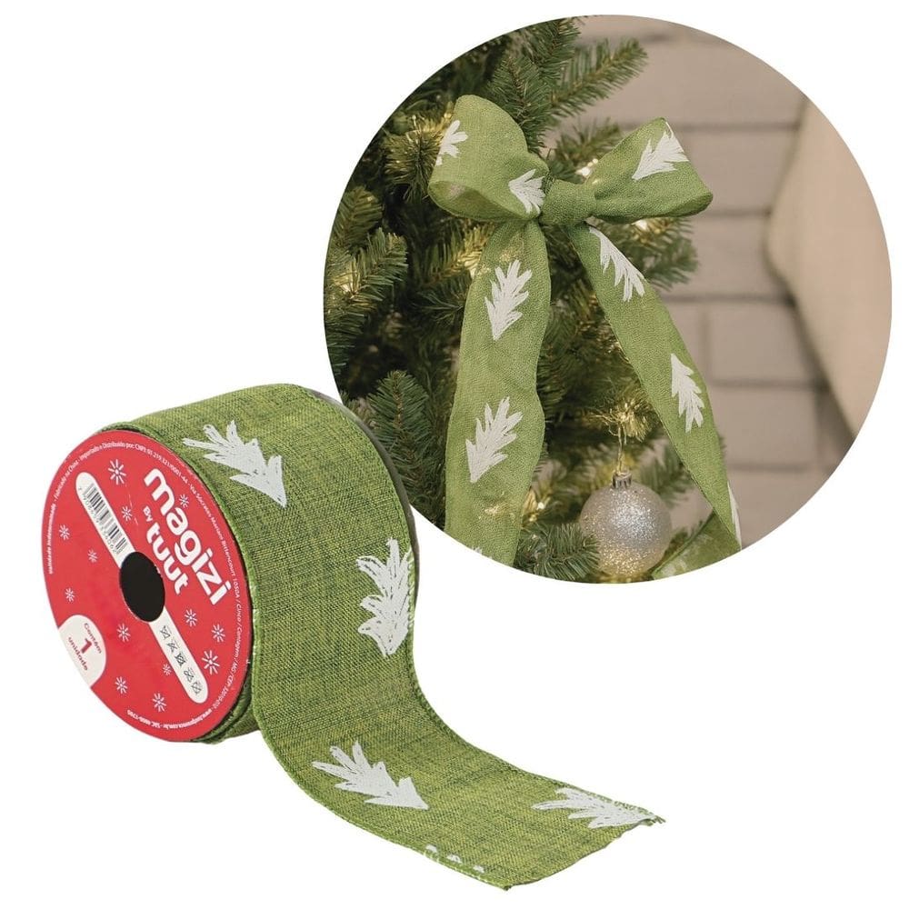 Fita Aramada Verde Decorada Árvore Natal Rolo 63mm x 5 metros - Magizi
