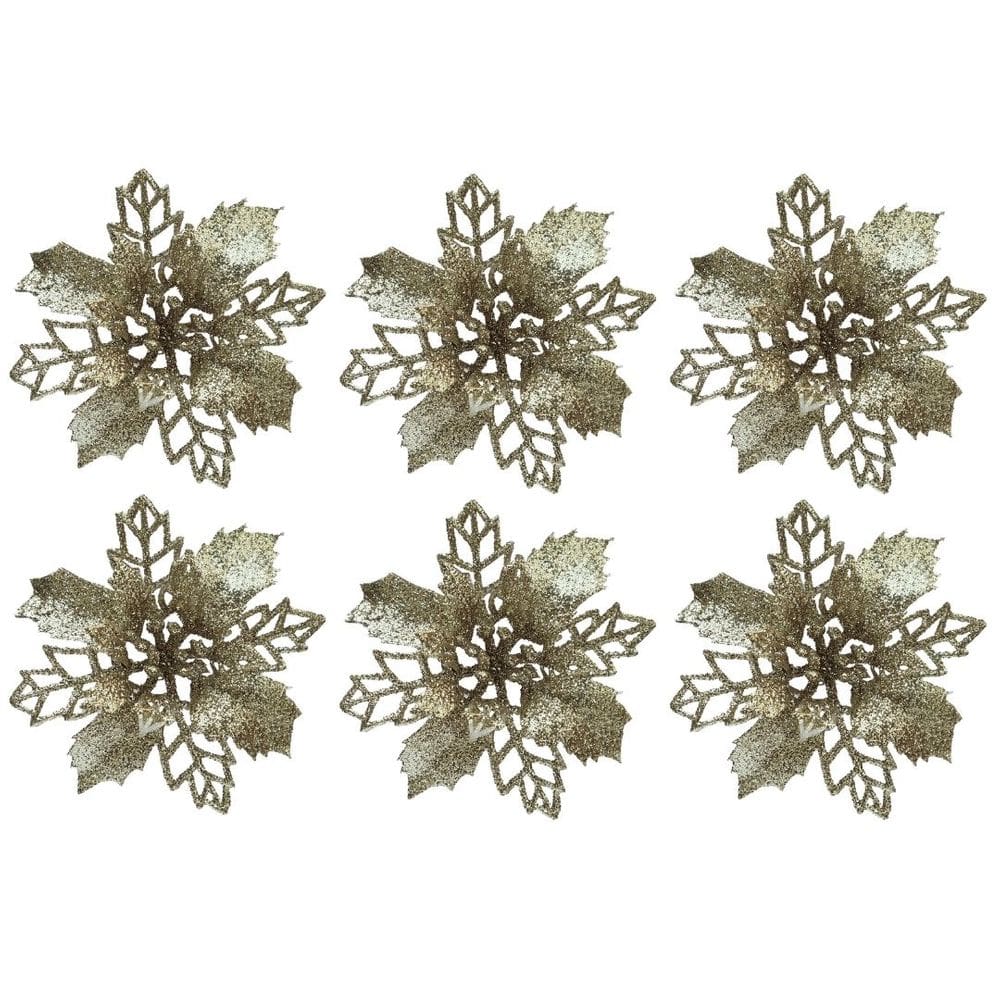 Jogo 6 Flores Bico de Papagaio Champanhe Natal Pick Glitter 9cm com Presilha - Magizi