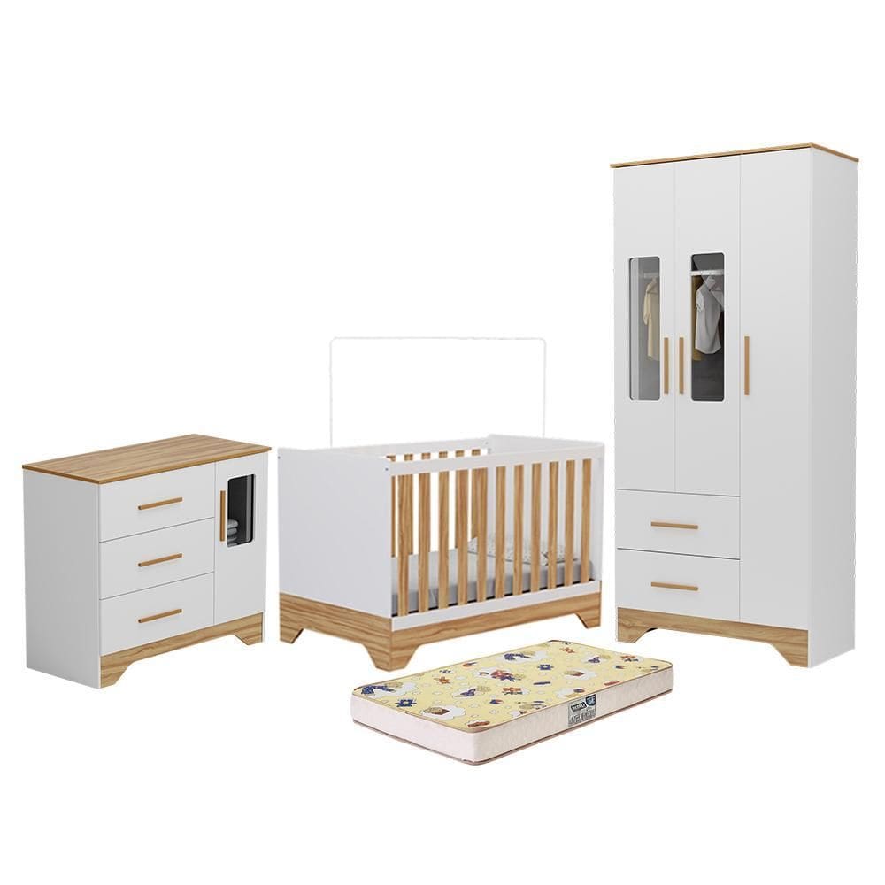 Dormitório Infantil Popy Retrô Plus Janelas Guarda Roupa, Cômoda e Berço com Colchão Supreme - Móveis Peroba