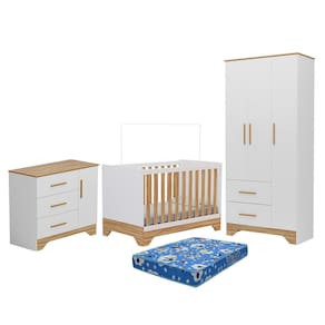 Dormitório Infantil Popy Retrô Plus Janelas Guarda Roupa, Cômoda e Berço com Colchão Baby Physical - Móveis Peroba
