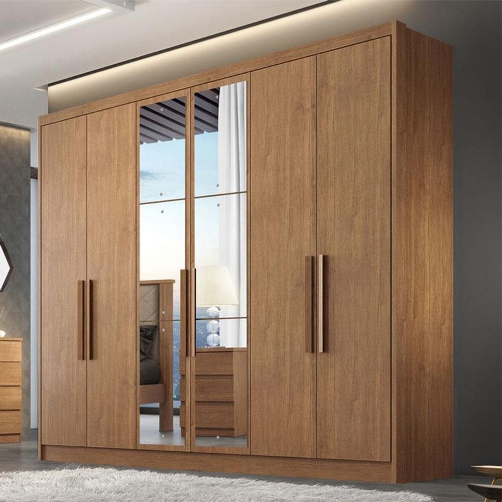 Guarda Roupa Casal Ambiente Linea 6 Portas 4 Gavetas Cumaru 23 com Espelho - Novo Horizonte