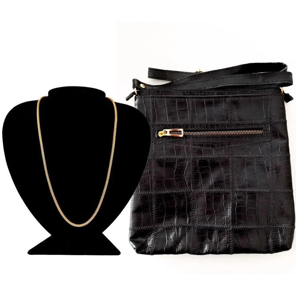 Kit Luxo Colar Prata E Banho Ouro - 50Cm + Bolsa 100% Couro
