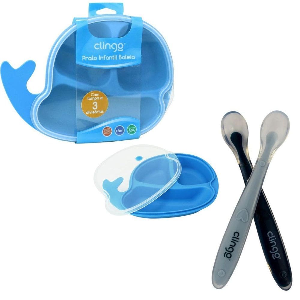 Prato Baleia Azul E Colheres Silicone Marinho - 6M+ - Clingo