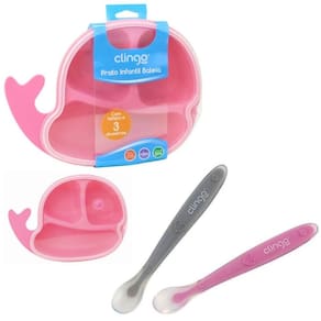 Prato Baleia Rosa E Colheres Silicone Rosa - 6M+ - Clingo