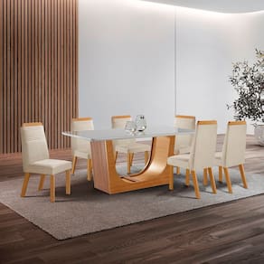 Conjunto de Jantar Mesa Maceió Tampo Mdf e Vidro com 6 Cadeiras Catar Yescasa Castanho Cinamomo/Creme/Off White