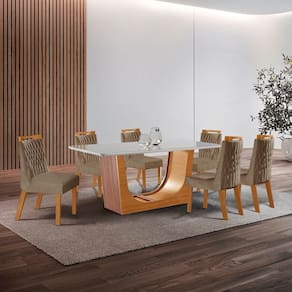 Conjunto de Jantar Mesa Maceió Tampo Mdf e Vidro com 6 Cadeiras Atena Yescasa Castanho Cinamomo/Pena Caramelo/Off White