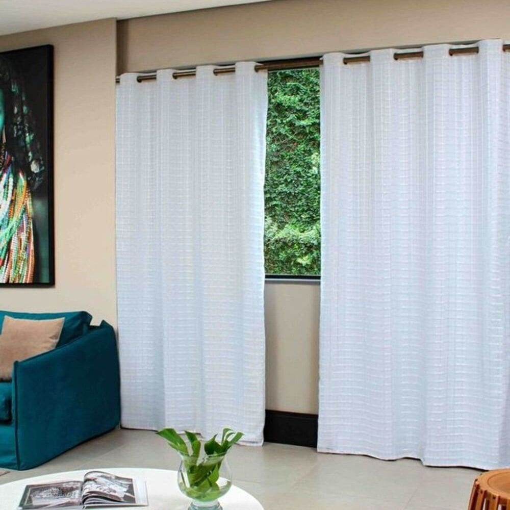 Cortina Xadrez 270cm X 170cm Lava Fácil Branco